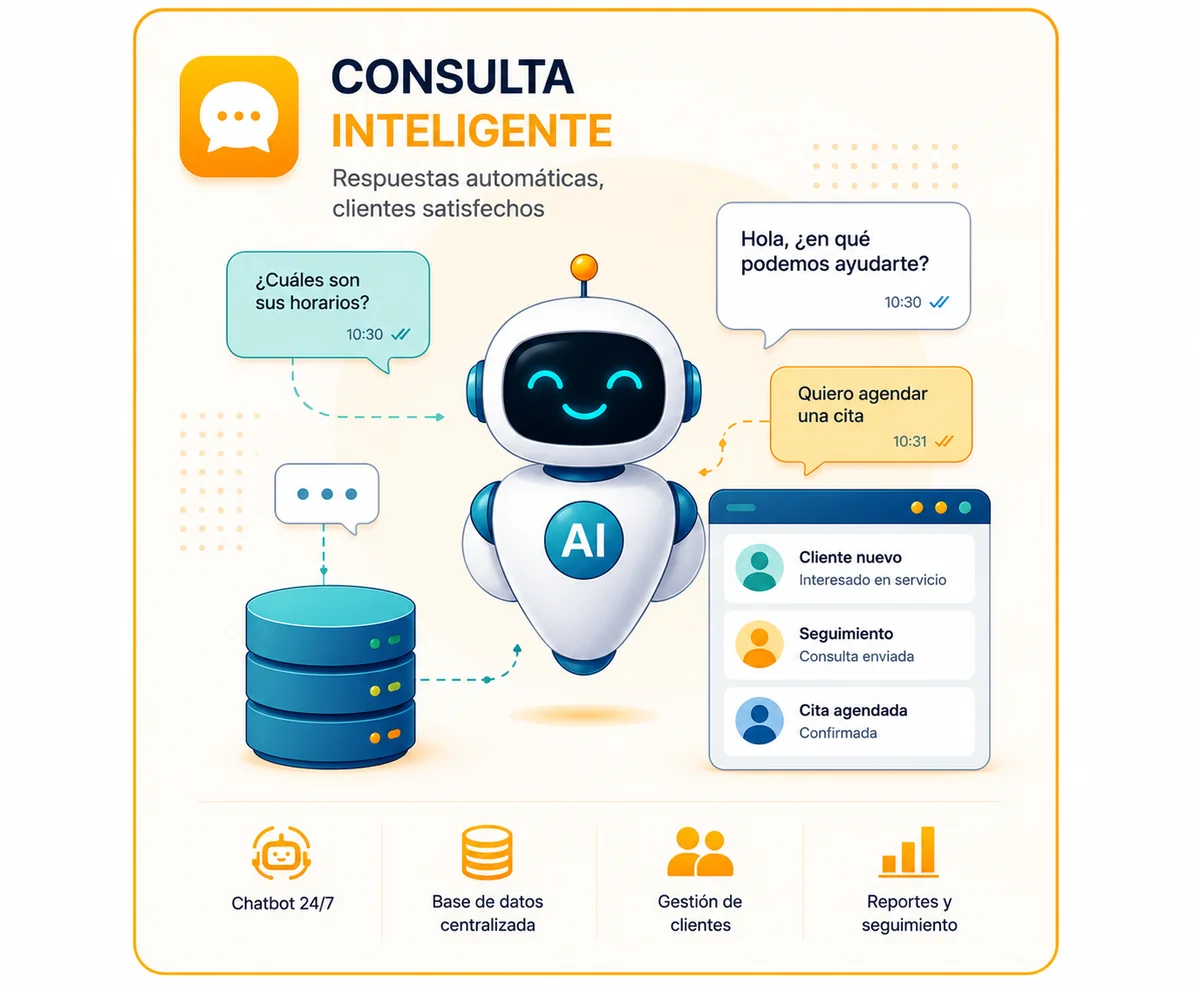 Panel del servicio Consulta Inteligente: chatbot con IA, base de datos centralizada y gestión de clientes