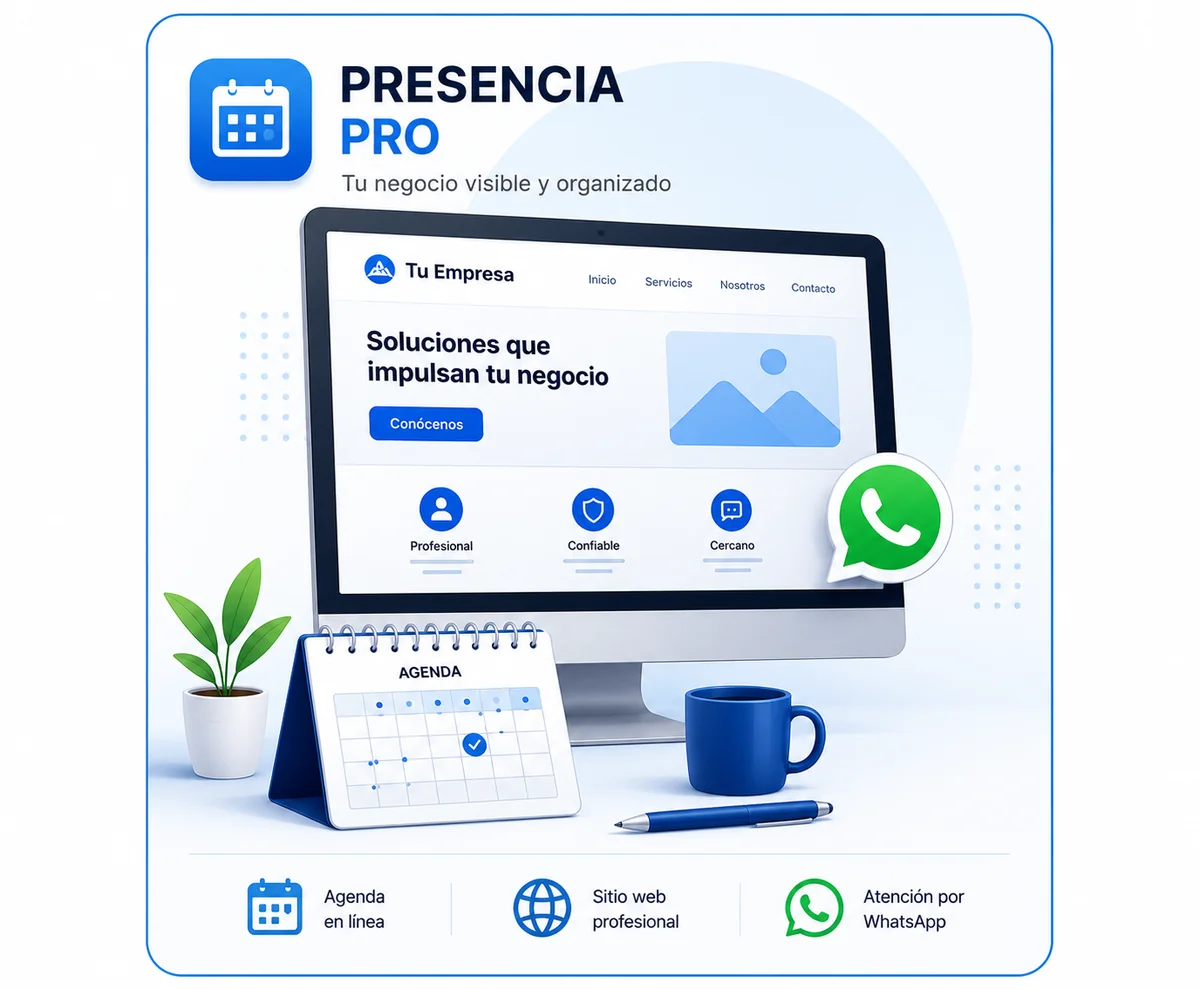 Panel del servicio Presencia Pro: sitio web profesional, agenda en línea y atención por WhatsApp