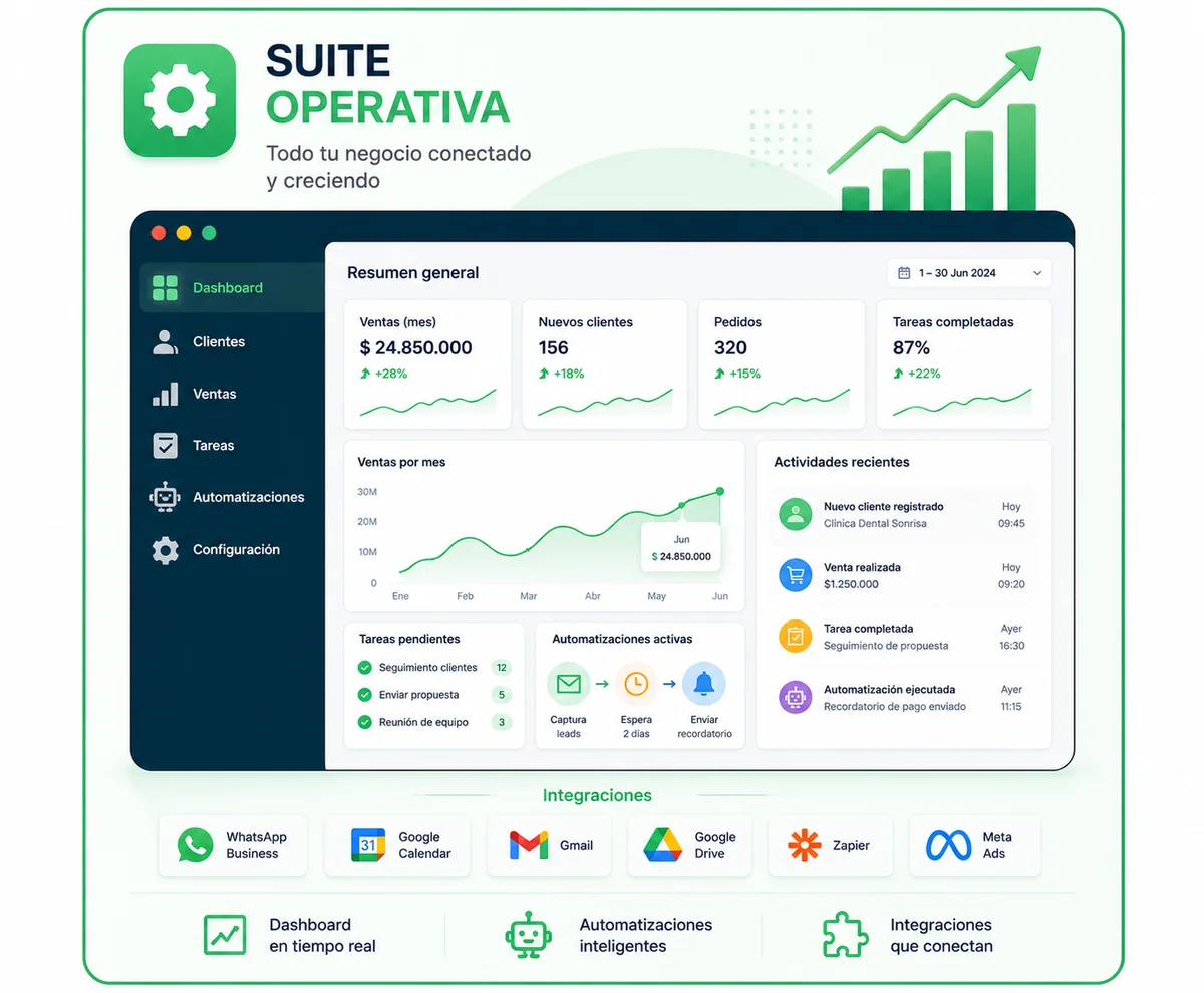 Panel del servicio Suite Operativa: dashboard en tiempo real, automatizaciones e integraciones